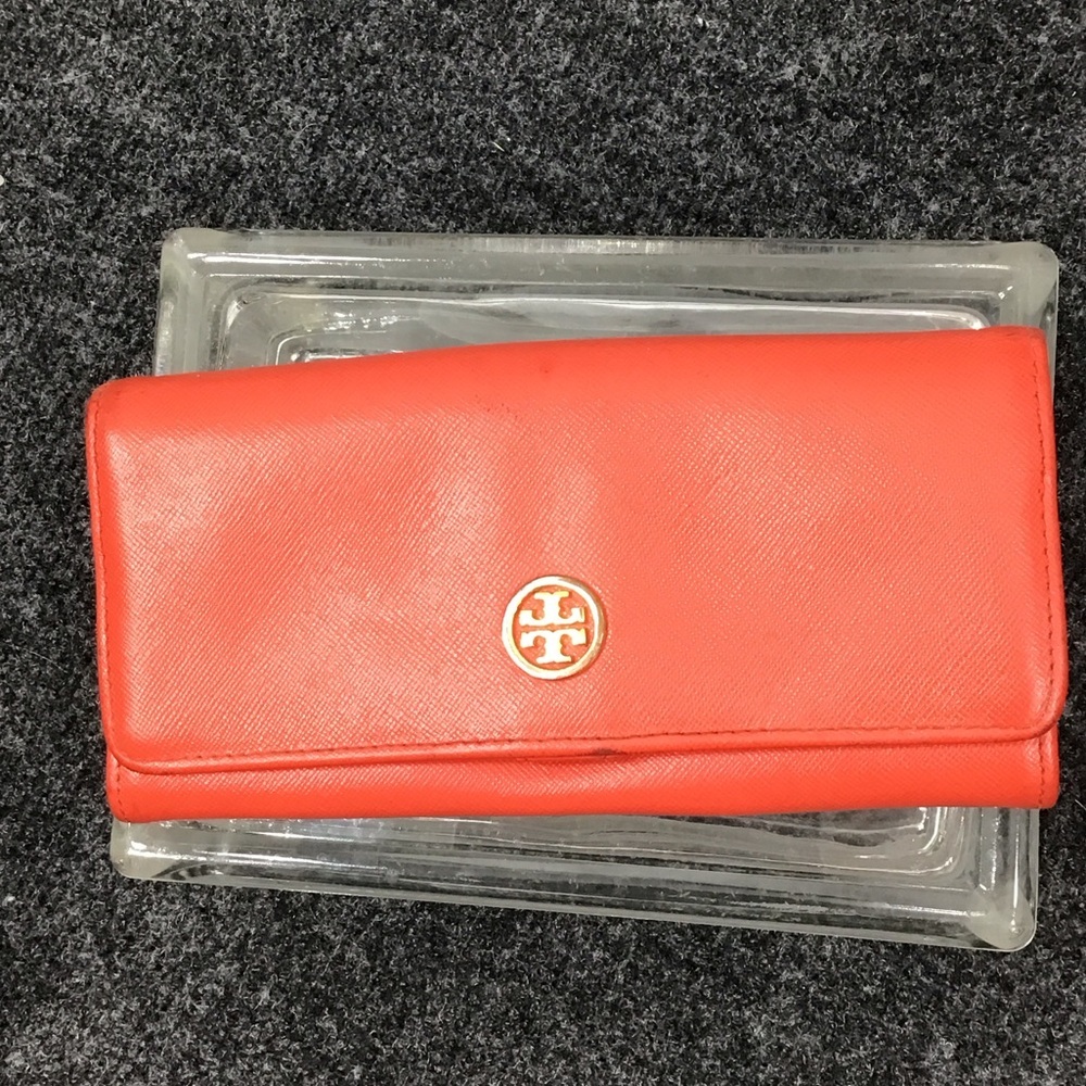 Tory Burch bright orange saffiano leather flap front wallet